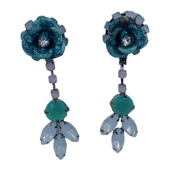 Betsey Johnson TEAL PATINA Rose Flower Crystal Long Dangle Earrings 2”
